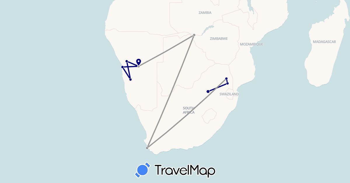 TravelMap itinerary: driving, plane in Namibia, South Africa, Zambia (Africa)